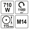 Uhlová brúska 710W, pr. do 115mm, 11000ot/min (YT-82090)