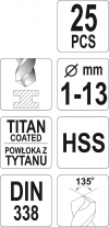 Sada vrtákov na kov HSS-TiN 25ks 1-13mm (YT-44676)